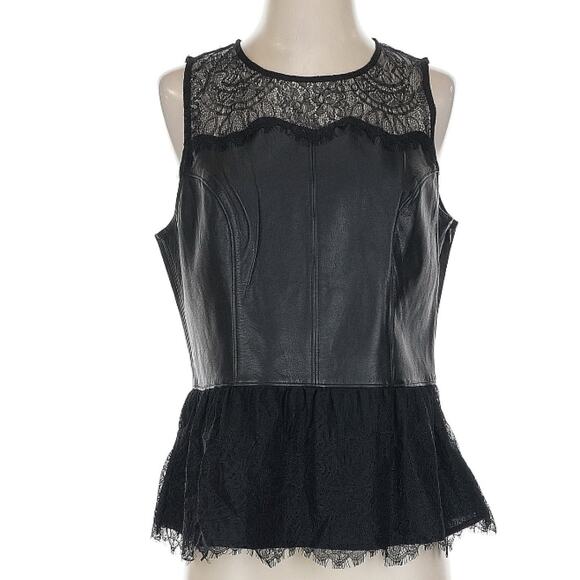 Patterson J. Kincaid Black Sleeveless Lamb Leather & Lace Peplum Top L - Picture 4 of 10